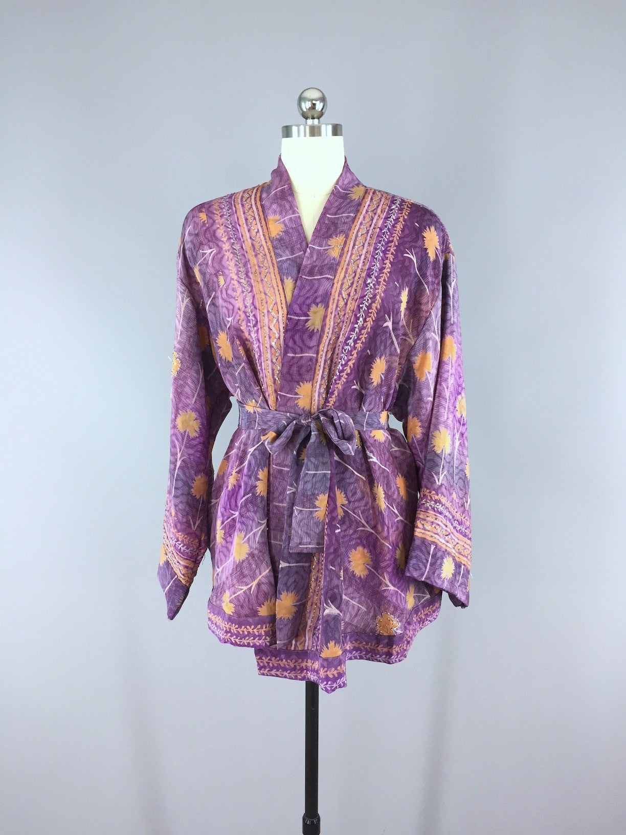 Silk Kimono Cardigan / Vintage Indian Sari / Purple & Orange Floral ...