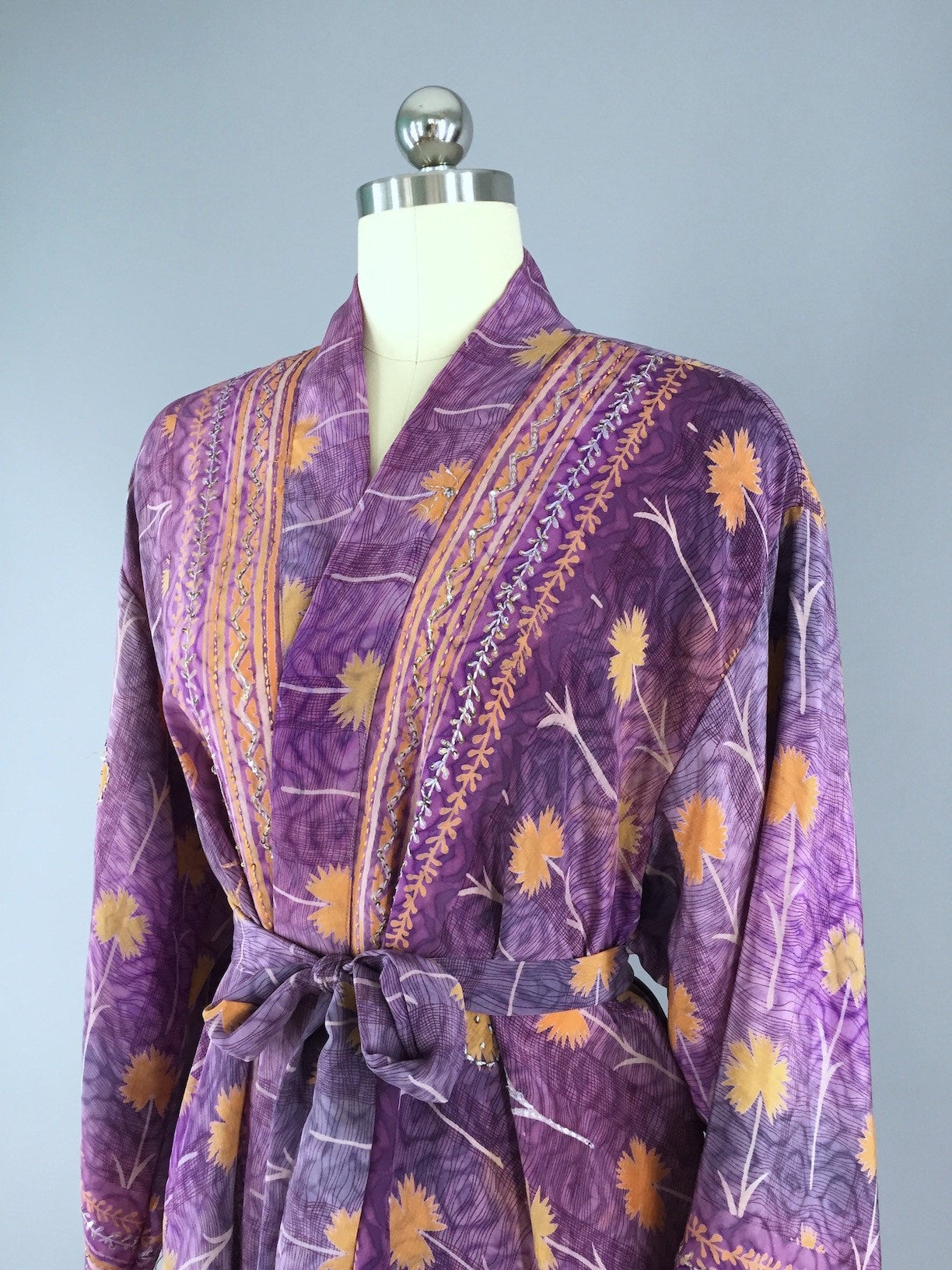 Silk Kimono Cardigan / Vintage Indian Sari / Purple & Orange Floral - ThisBlueBird
