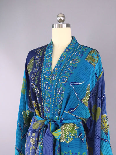Silk Kimono Cardigan / Vintage Indian Sari / Sequined Blue Floral - ThisBlueBird