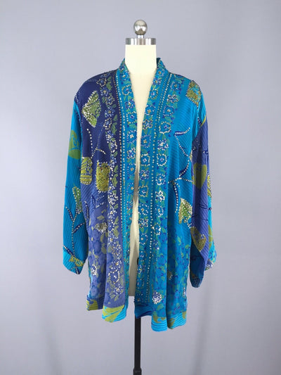 Silk Kimono Cardigan / Vintage Indian Sari / Sequined Blue Floral - ThisBlueBird