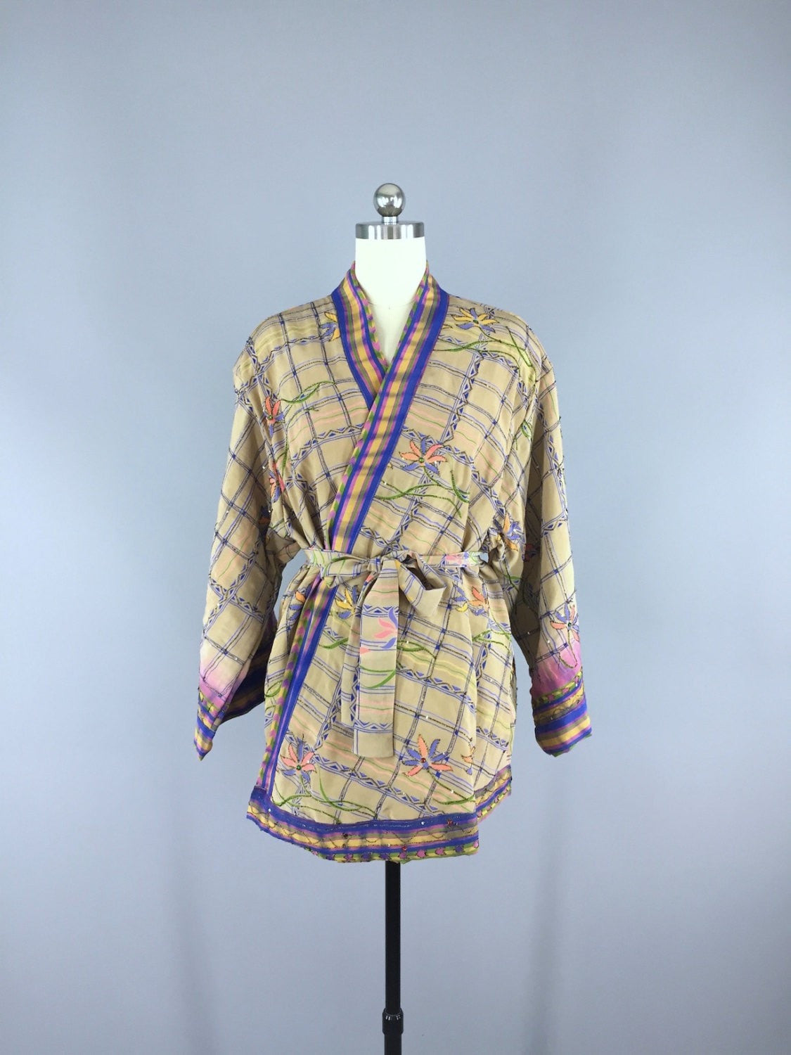 Silk Kimono Cardigan / Vintage Indian Sari / Tan Purple Embroidered - ThisBlueBird