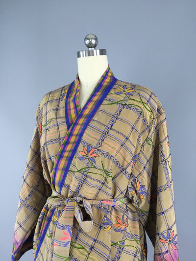 Silk Kimono Cardigan / Vintage Indian Sari / Tan Purple Embroidered - ThisBlueBird