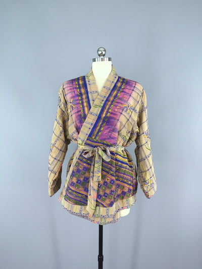 Silk Kimono Cardigan / Vintage Indian Sari / Tan & Purple Floral - ThisBlueBird