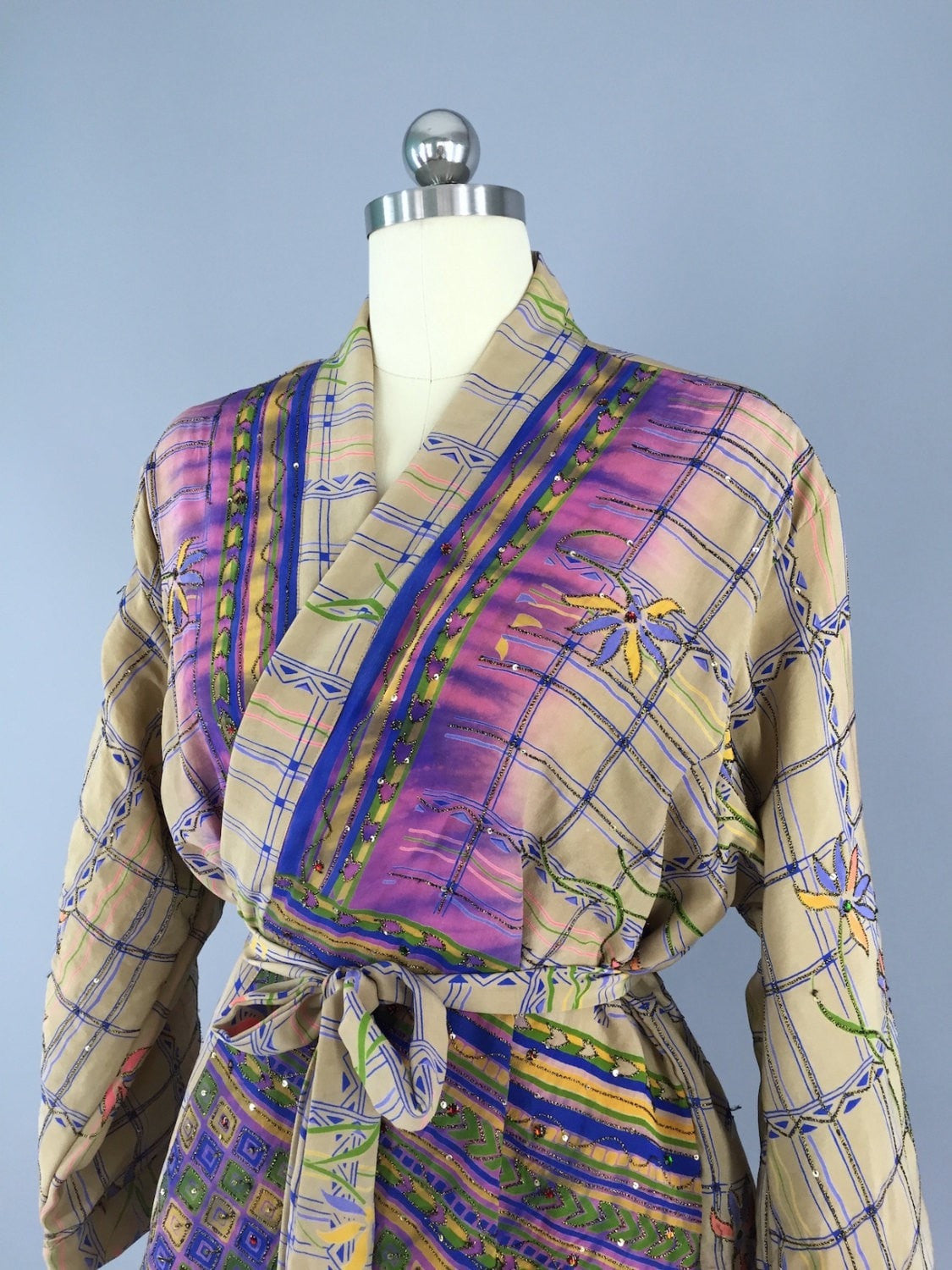 Silk Kimono Cardigan / Vintage Indian Sari / Tan & Purple Floral - ThisBlueBird