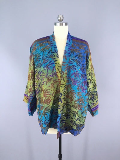 Silk Kimono Cardigan / Vintage Indian Sari / Turquoise Blue Palms - ThisBlueBird