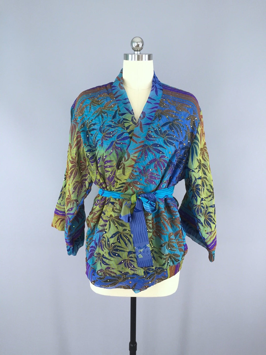 Silk Kimono Cardigan / Vintage Indian Sari / Turquoise Blue Palms - ThisBlueBird