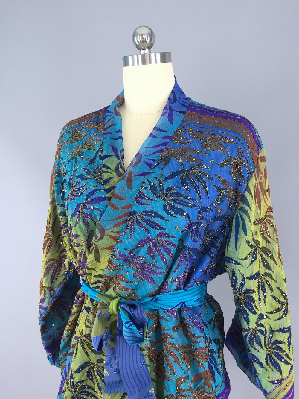 Silk Kimono Cardigan / Vintage Indian Sari / Turquoise Blue Palms - ThisBlueBird