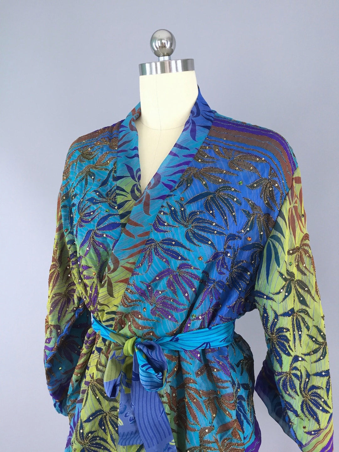 Silk Kimono Cardigan / Vintage Indian Sari / Turquoise Blue Palms - ThisBlueBird