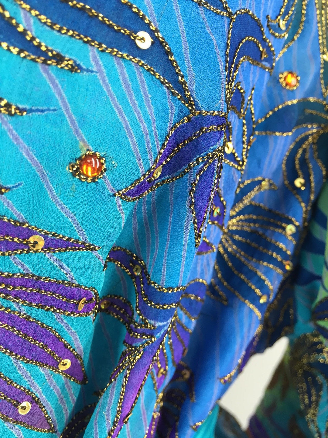 Silk Kimono Cardigan / Vintage Indian Sari / Turquoise Blue Palms - ThisBlueBird
