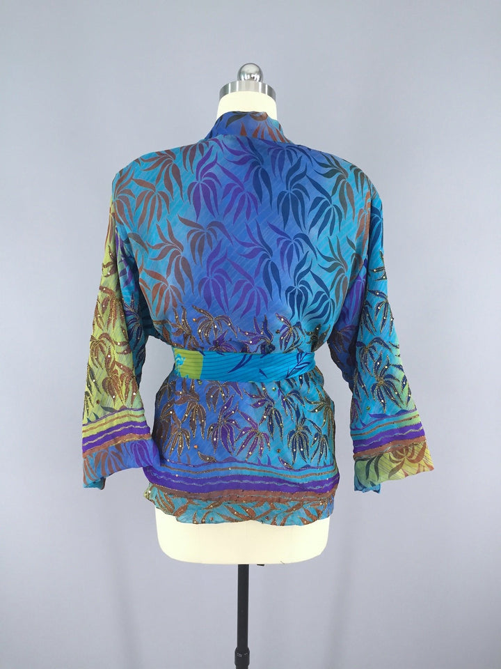 Silk Kimono Cardigan / Vintage Indian Sari / Turquoise Blue Palms - ThisBlueBird