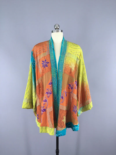 Silk Kimono Cardigan / Vintage Indian Sari / Turquoise Brown Embroidered - ThisBlueBird