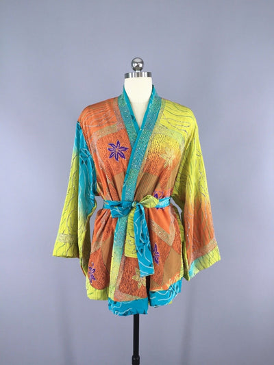 Silk Kimono Cardigan / Vintage Indian Sari / Turquoise Brown Embroidered - ThisBlueBird
