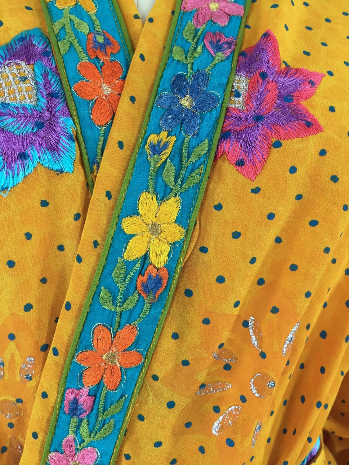 Silk Kimono Cardigan / Vintage Indian Sari / Yellow Floral Embroidery - ThisBlueBird