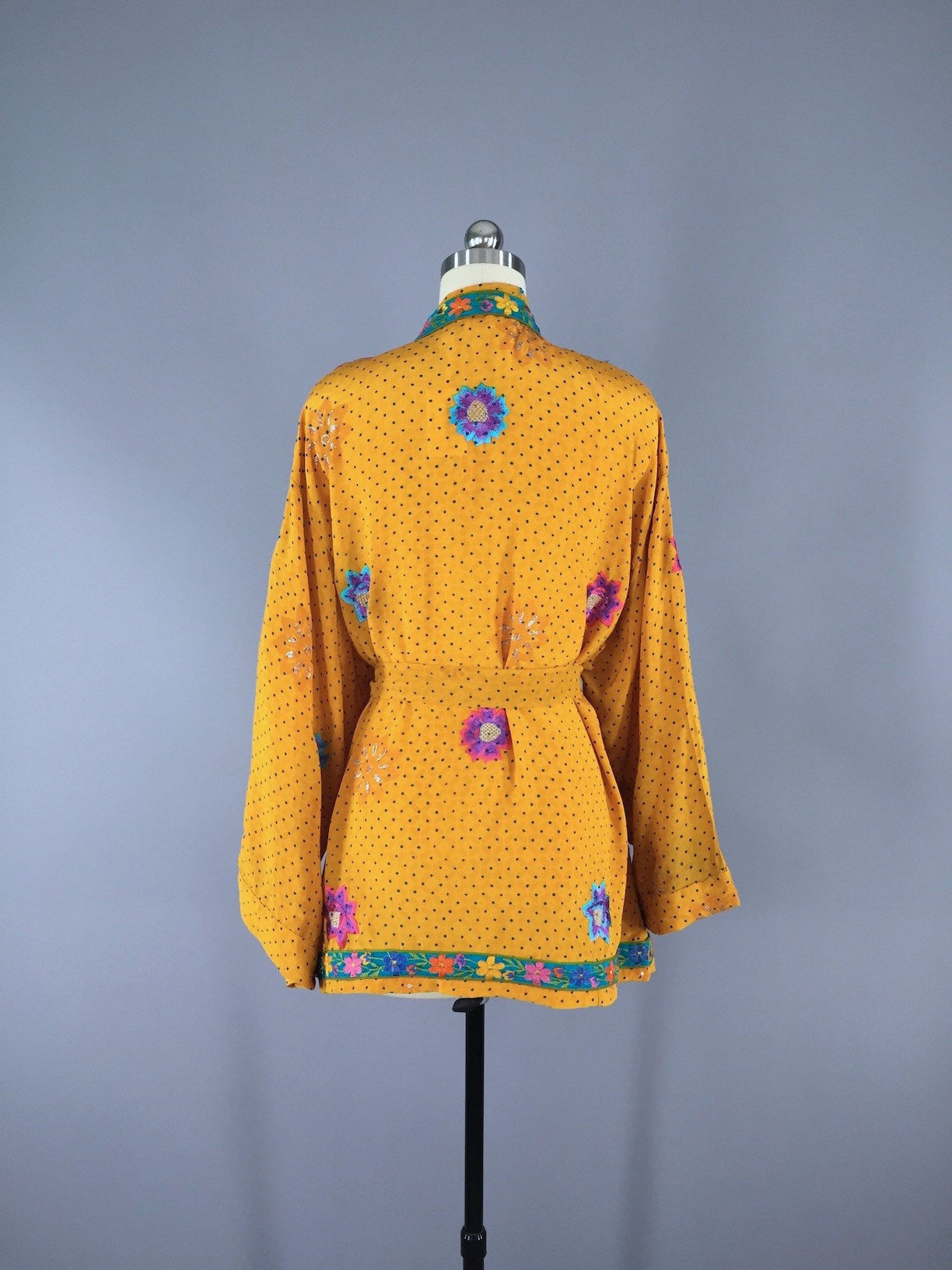 Silk Kimono Cardigan / Vintage Indian Sari / Yellow Floral Embroidery - ThisBlueBird
