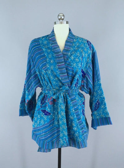 Silk Kimono Cardigan / Vintage Indian Silk Sari / Ocean Blue Floral - ThisBlueBird