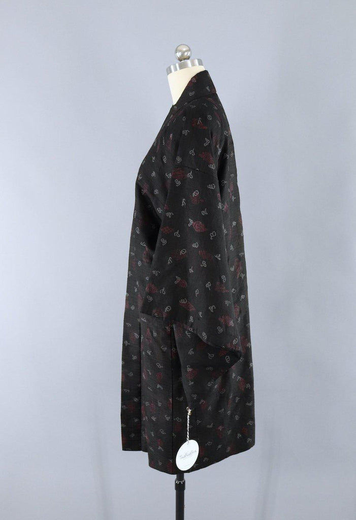 Silk Kimono Duster / Black & Maroon Ikat - ThisBlueBird