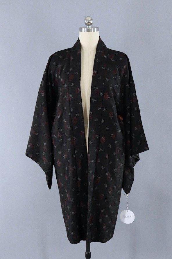 Silk Kimono Duster / Black & Maroon Ikat - ThisBlueBird