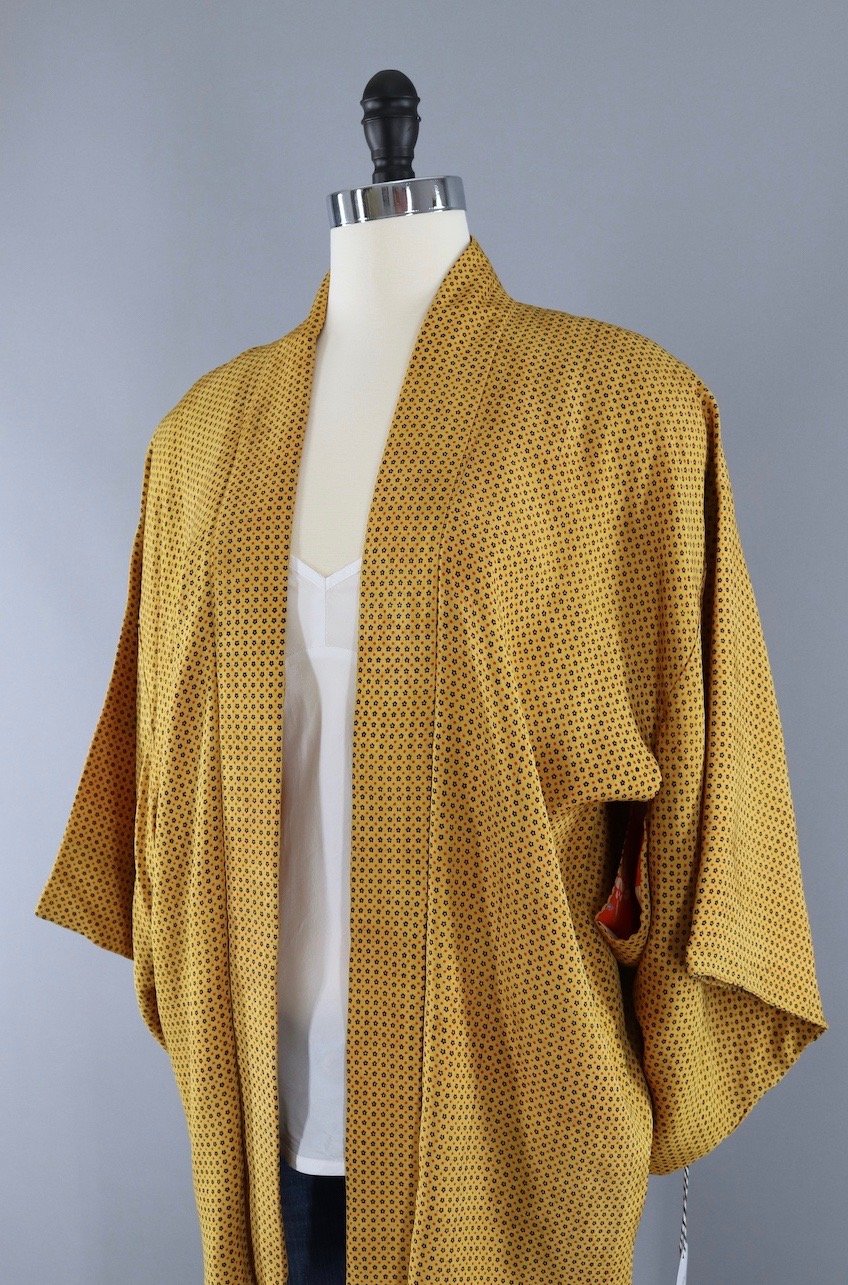 Silk Kimono Jacket / Golden Yellow Dotted Print - ThisBlueBird