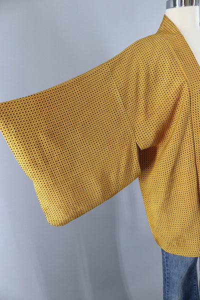 Silk Kimono Jacket / Golden Yellow Dotted Print - ThisBlueBird