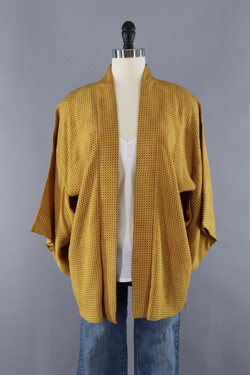 Silk Kimono Jacket / Golden Yellow Dotted Print - ThisBlueBird