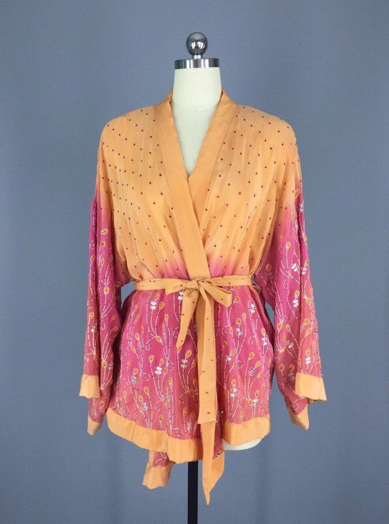 Silk Kimono Jacket / Vintage Indian Sari / Apricot Ombre Silk Sequined Kimono - ThisBlueBird