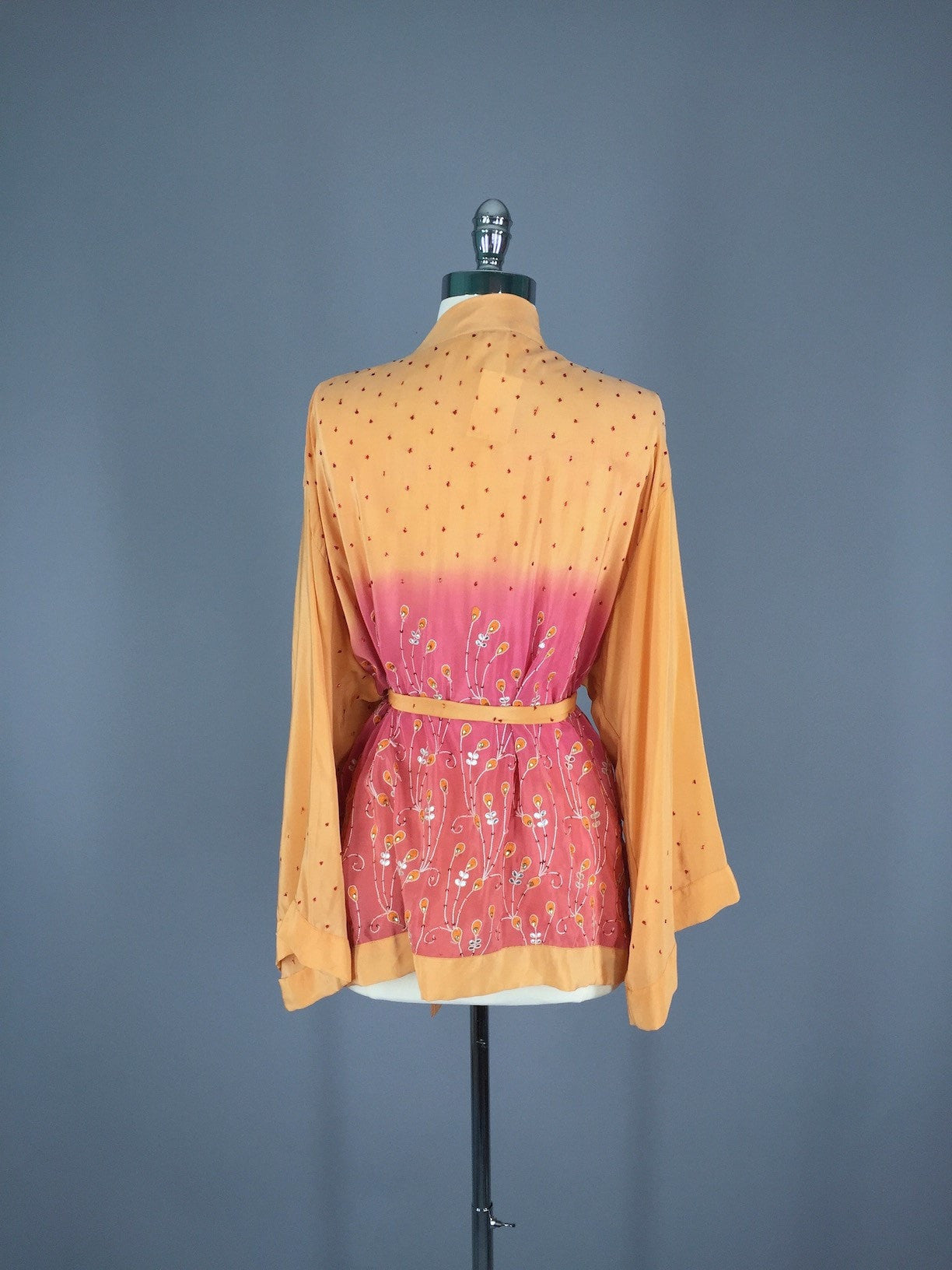 Silk Kimono Jacket / Vintage Indian Sari / Apricot Ombre Silk Sequined Kimono - ThisBlueBird