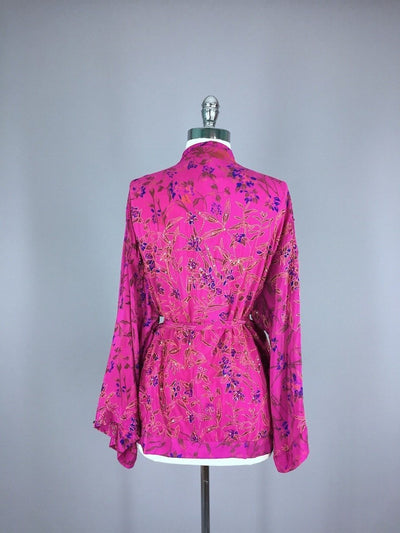 Silk Kimono Jacket / Vintage Indian Sari / Magenta Pink Floral Silk Kimono - ThisBlueBird