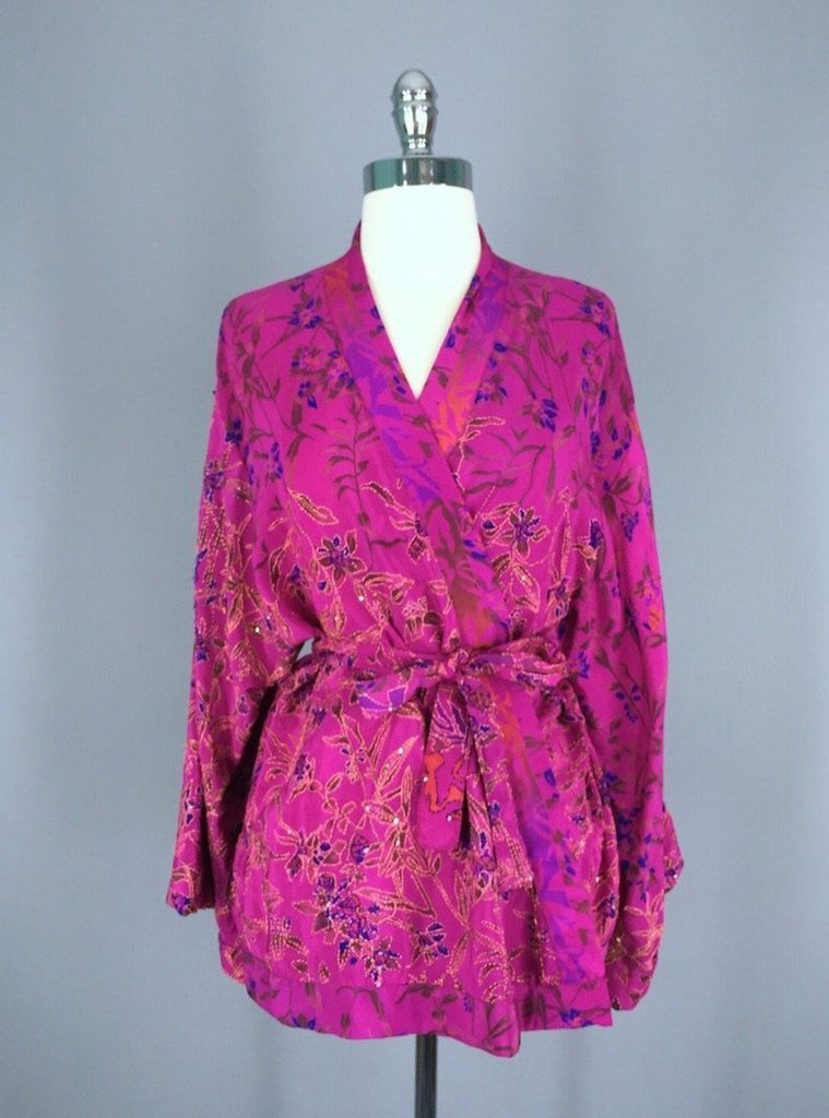 Silk Kimono Jacket / Vintage Indian Sari / Magenta Pink Floral Silk Kimono - ThisBlueBird