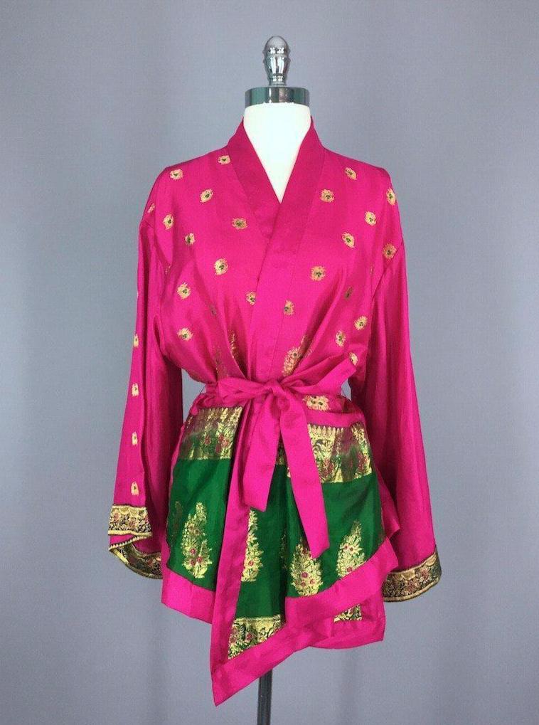 Silk Kimono Jacket / Vintage Indian Sari / Magenta Pink &amp; Green Silk Kimono - ThisBlueBird
