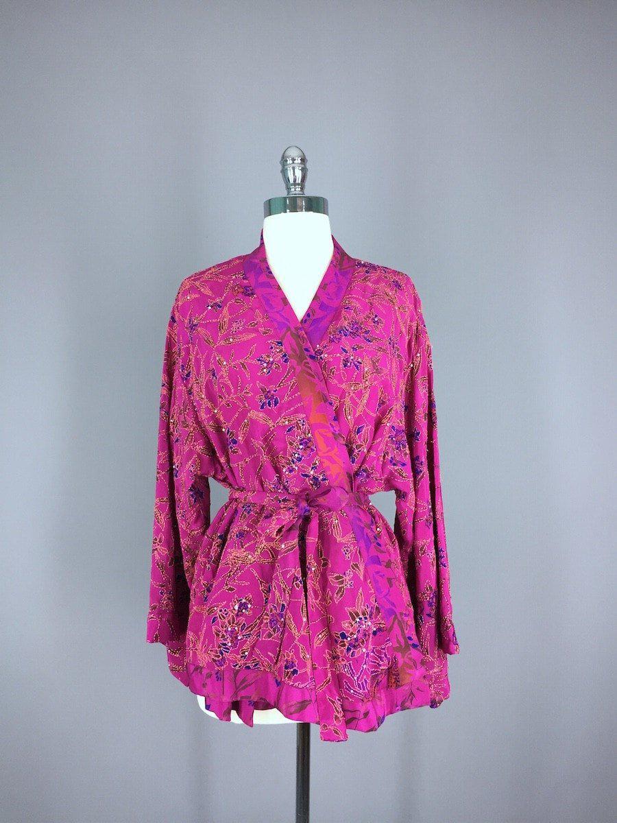 Silk Kimono Jacket / Vintage Indian Sari / Magenta Pink &amp; Green Silk - ThisBlueBird