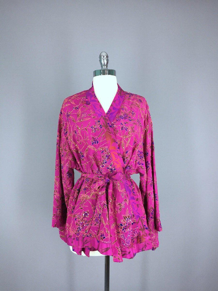 Silk Kimono Jacket / Vintage Indian Sari / Magenta Pink &amp; Green Silk - ThisBlueBird