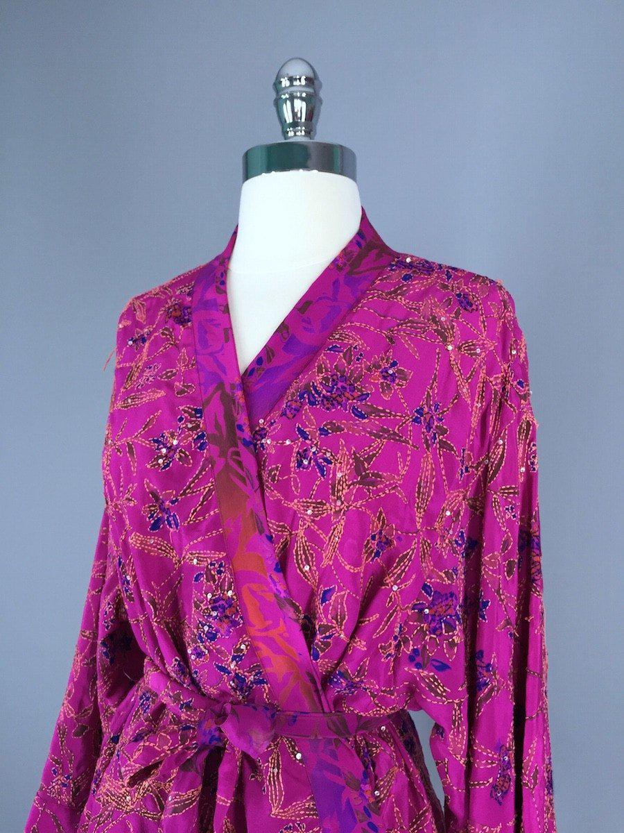 Silk Kimono Jacket / Vintage Indian Sari / Magenta Pink &amp; Green Silk - ThisBlueBird