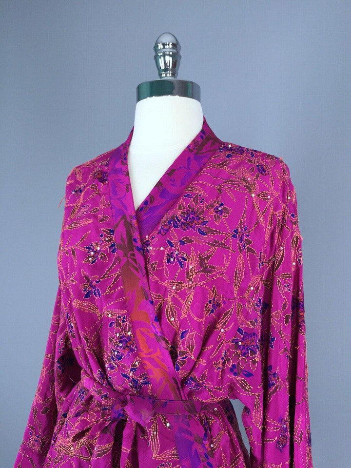 Silk Kimono Jacket / Vintage Indian Sari / Magenta Pink &amp; Green Silk - ThisBlueBird