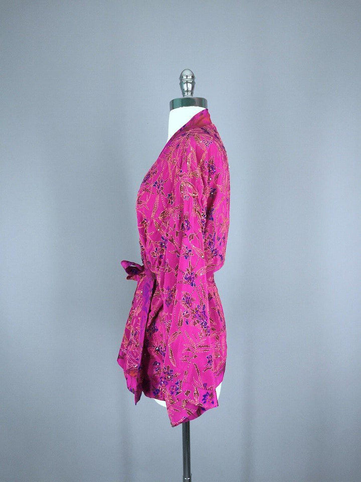 Silk Kimono Jacket / Vintage Indian Sari / Magenta Pink &amp; Green Silk - ThisBlueBird