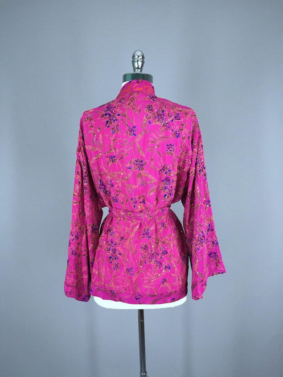 Silk Kimono Jacket / Vintage Indian Sari / Magenta Pink &amp; Green Silk - ThisBlueBird