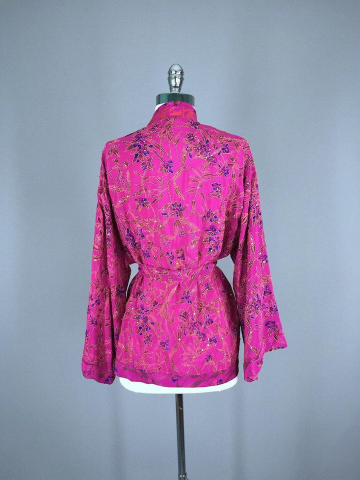 Silk Kimono Jacket / Vintage Indian Sari / Magenta Pink &amp; Green Silk - ThisBlueBird