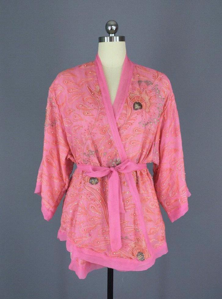 Silk Kimono Jacket / Vintage Indian Sari / Pink Beaded Sequined Kimono - ThisBlueBird