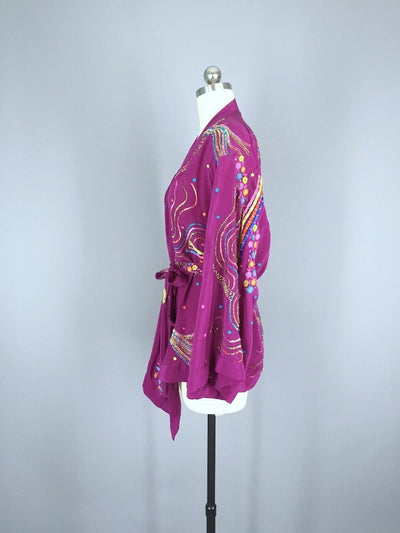 Silk Kimono Jacket / Vintage Indian Sari / Purple Embroidered Kimono - ThisBlueBird