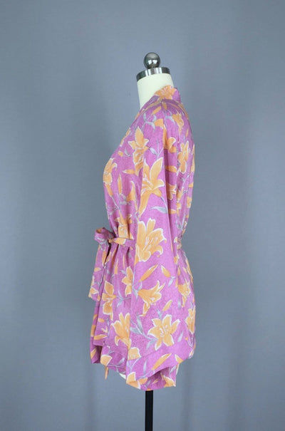 Silk Kimono Jacket / Vintage Indian Sari / Purple Orange Floral Silk Kimono - ThisBlueBird