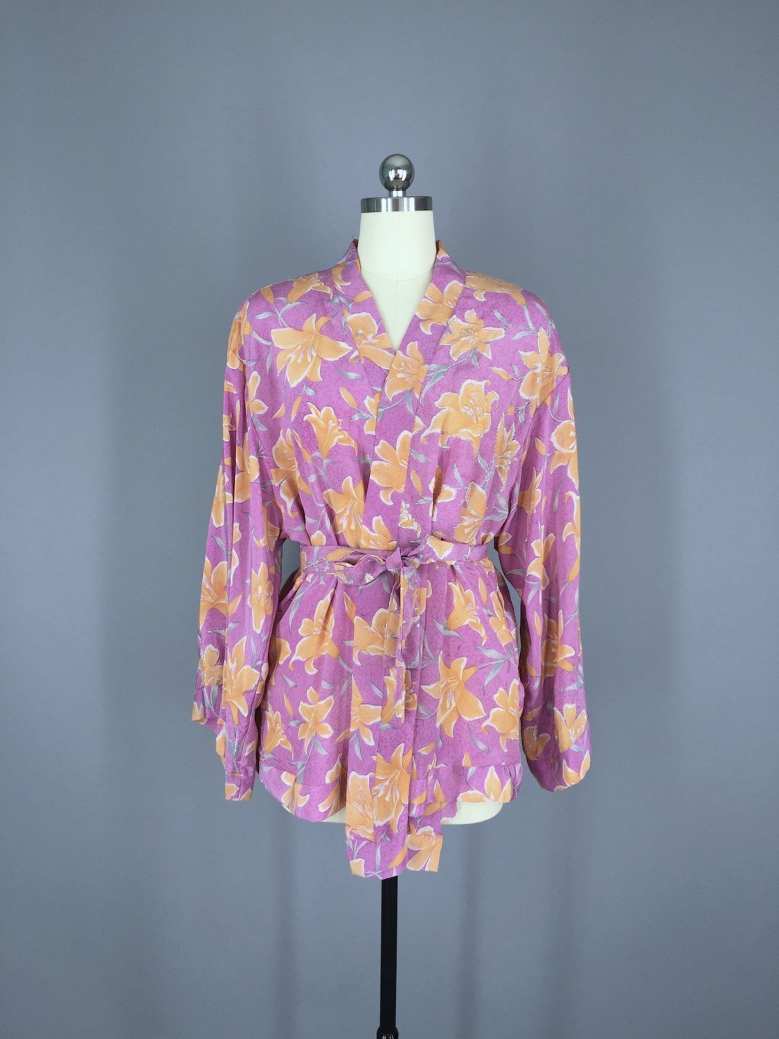 Silk Kimono Jacket / Vintage Indian Sari / Purple Orange Floral Silk Kimono - ThisBlueBird