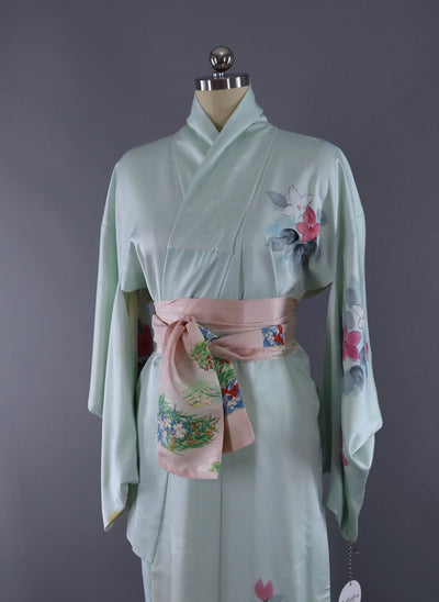 Silk Kimono Robe / Blue and Pink Floral Print Satin / 1960s - ThisBlueBird