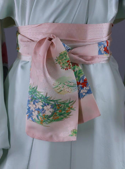 Silk Kimono Robe / Blue and Pink Floral Print Satin / 1960s - ThisBlueBird