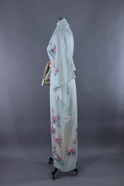 Silk Kimono Robe / Blue and Pink Floral Print Satin / 1960s - ThisBlueBird