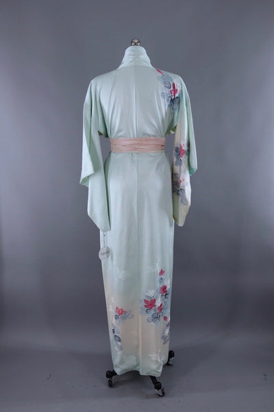 Silk Kimono Robe / Blue and Pink Floral Print Satin / 1960s - ThisBlueBird