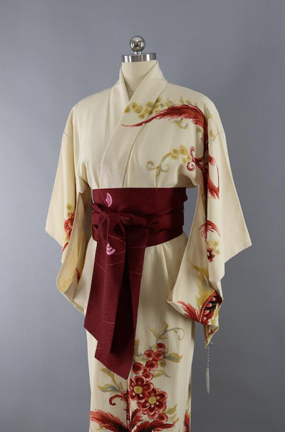 Silk Kimono Robe / Ivory Rust Floral Print / 1960s - ThisBlueBird