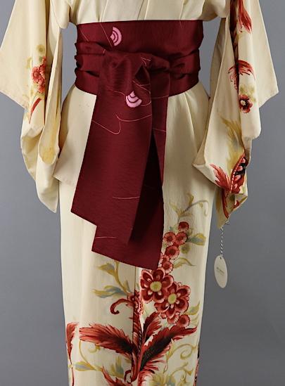 Silk Kimono Robe / Ivory Rust Floral Print / 1960s - ThisBlueBird