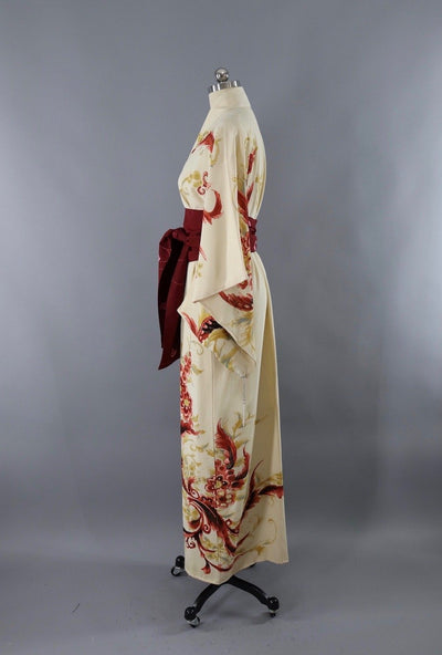 Silk Kimono Robe / Ivory Rust Floral Print / 1960s - ThisBlueBird