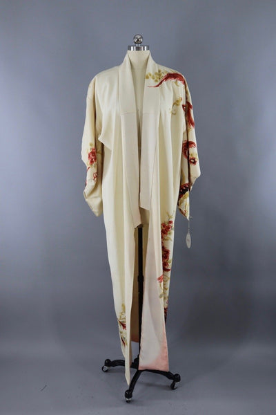 Silk Kimono Robe / Ivory Rust Floral Print / 1960s - ThisBlueBird