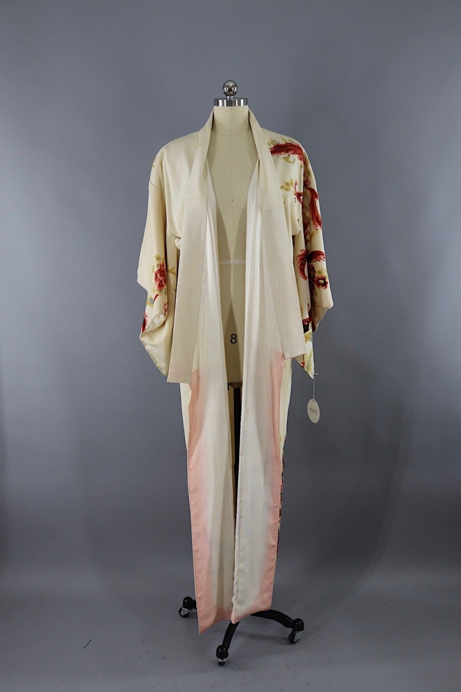 Silk Kimono Robe / Ivory Rust Floral Print / 1960s - ThisBlueBird