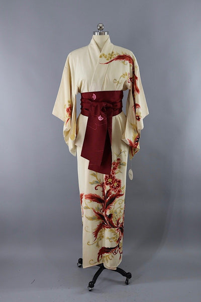 Silk Kimono Robe / Ivory Rust Floral Print / 1960s - ThisBlueBird